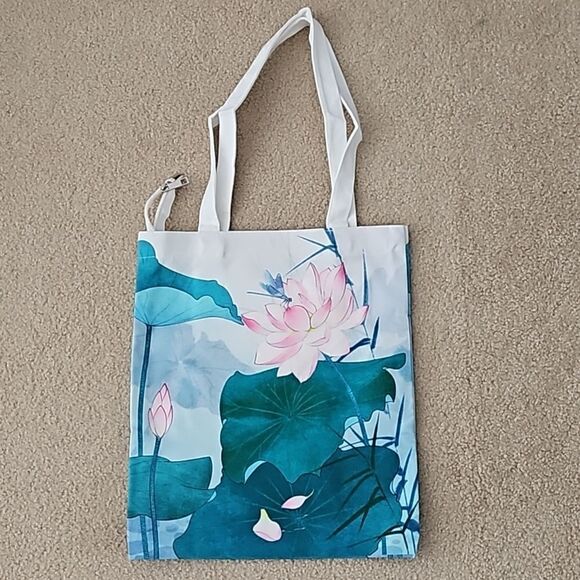 Boutique Chinese Landscape Painting Lotus Canvas Double Sided Tote Bag - Picture 1 of 3